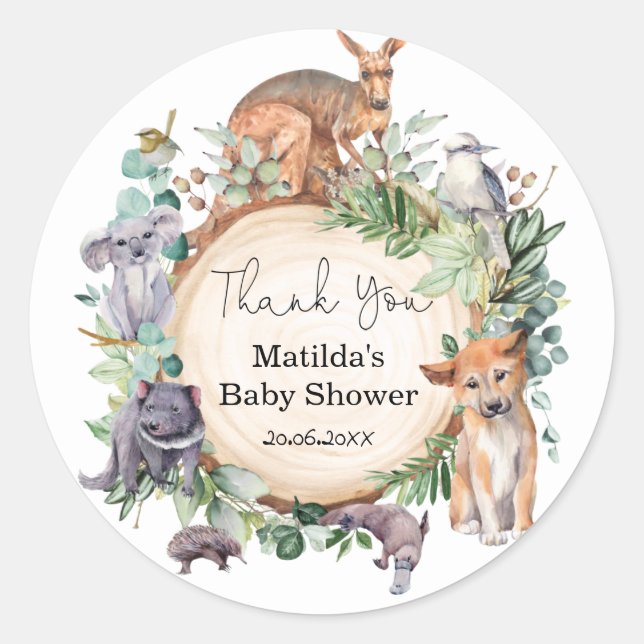 Greenery Australian Wild Animals Baby Shower Classic Round Sticker (Front)