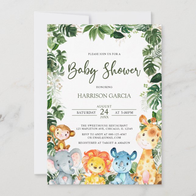 Greenery Baby Boy Safari Animals Baby Shower Invitation (Front)