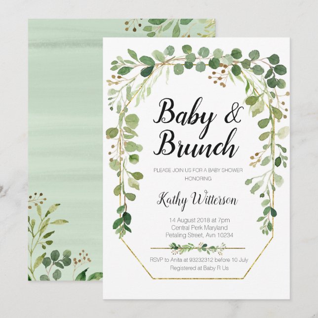 greenery baby brunch shower invitation (Front/Back)