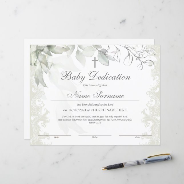 Greenery Baby Dedication Certificate, Baptism (Front/Back In Situ)