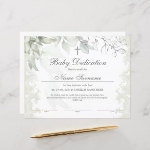 Greenery Baby Dedication Certificate, Baptism