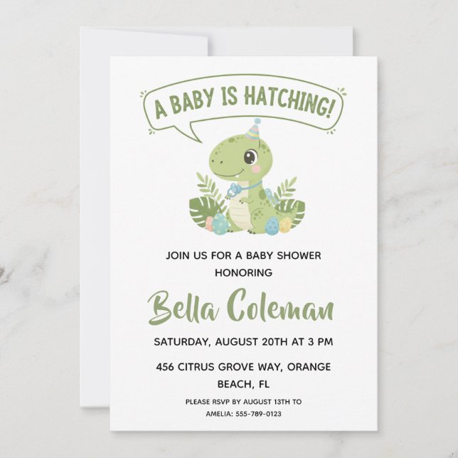 Greenery baby dinosaur baby shower invitations (Front)