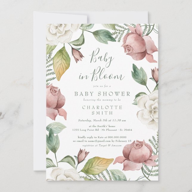 Greenery Baby In Bloom Floral Baby Shower Invitation (Front)