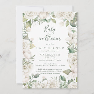 Greenery Baby In Bloom Floral White Baby Shower Invitation