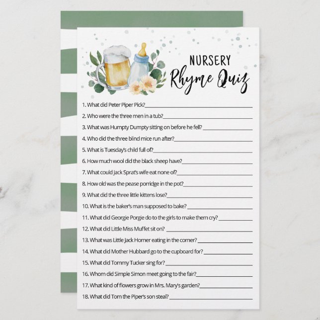 Greenery Baby Is Brewing Game Nursery Rhyme Quiz (Front/Back)