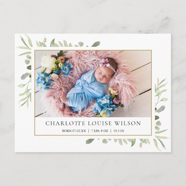 Greenery Baby Photo Birth Announcement Thank You Postcard (Front)