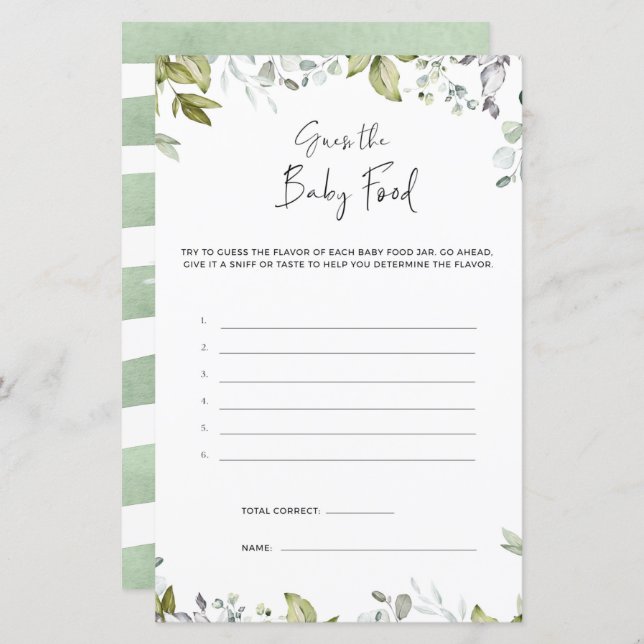 Greenery Baby Shower Game - Guess The Baby Food (Front/Back)