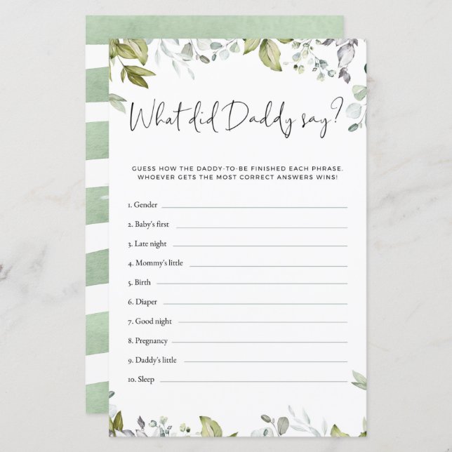 Greenery Baby Shower Game - What Did Daddy Say? (Front/Back)