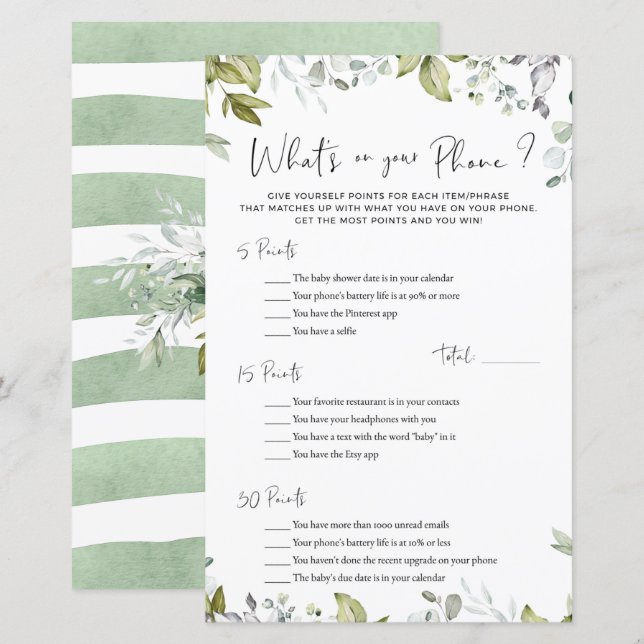 Greenery Baby Shower Game What's On Your Phone? (Front/Back)