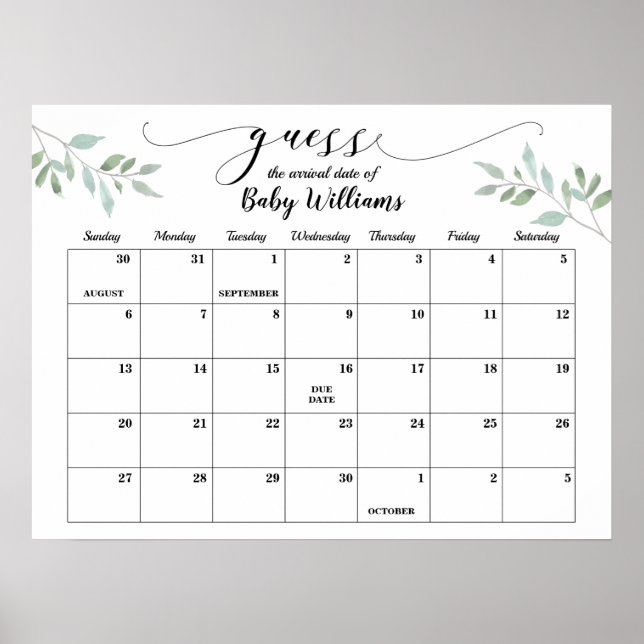 Greenery Baby Shower Guess Due Date Calendar Poster (Front)