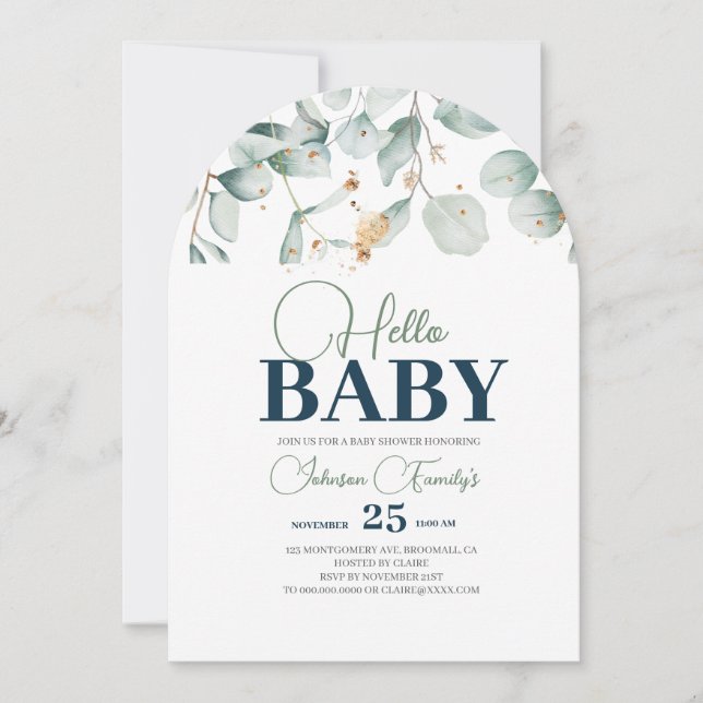 Greenery Baby Shower Invitation, Eucalyptus flower Invitation (Front)