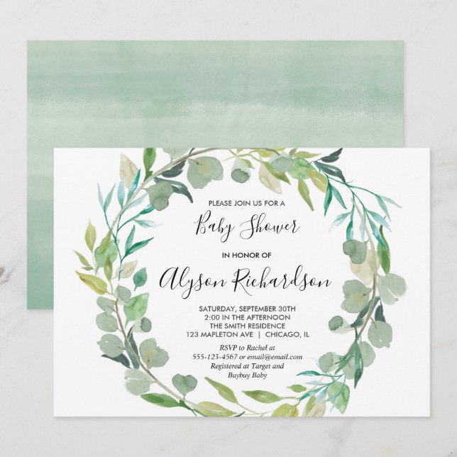 Greenery baby shower invitation, gender neutral invitation (Front/Back)