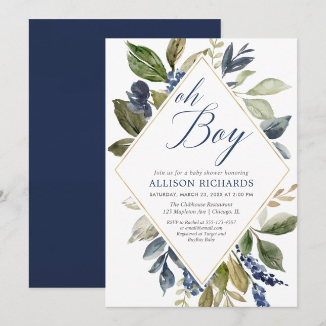 Greenery baby shower, navy blue green foliage boy invitation (Front/Back)