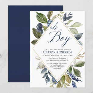 Greenery baby shower, navy blue green foliage boy invitation