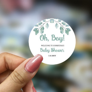 Greenery Baby Shower Oh boy Classic Round Sticker