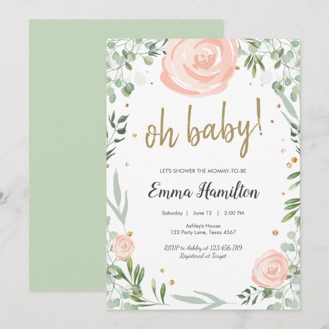 Greenery Baby Shower Roses Leaves Wedding Pink Invitation (Front/Back)