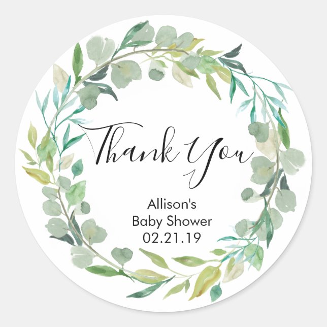 Greenery baby shower stickers, green leaves classic round sticker (Front)