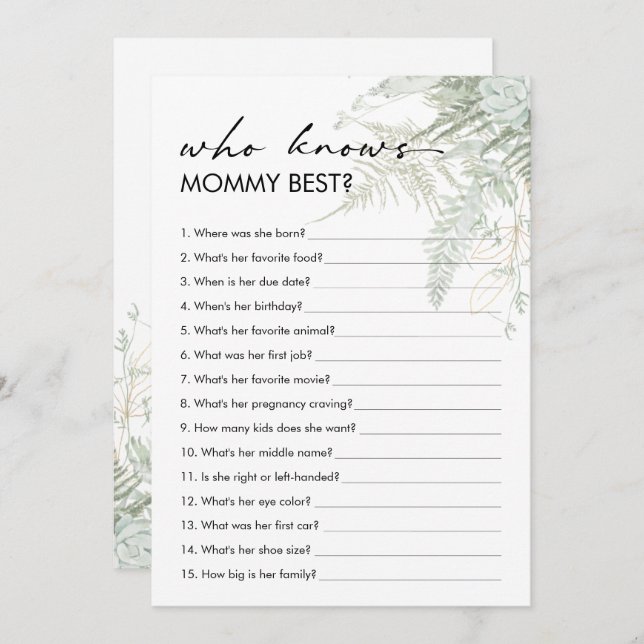 Greenery Baby Shower Who Knows Mummy Best Card (Front/Back)