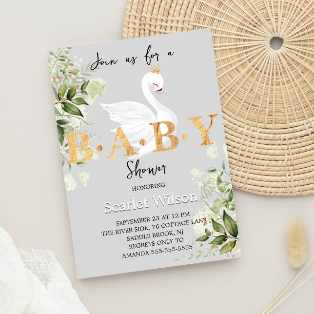 Greenery Baby Swan Princess Girl Baby Shower Invitation (Creator Uploaded)