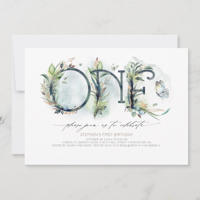 Greenery Baby's 1st Birthday Invitation - Neutral (Front)