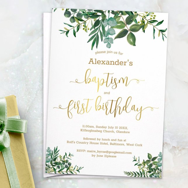 Greenery Baptism & 1st Birthday With Gold Script Invitation (Creator Uploaded)