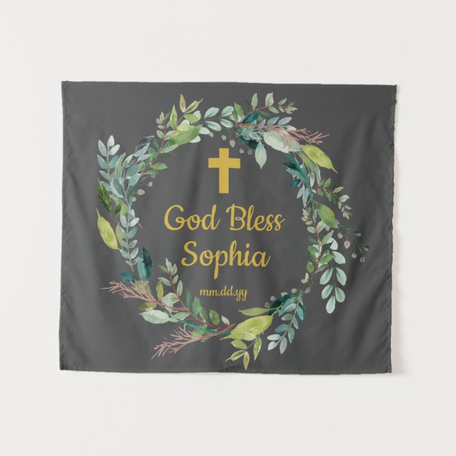 Greenery Baptism Backdrop Decor for Girl Boy Gold Tapestry (Front (Horizontal))