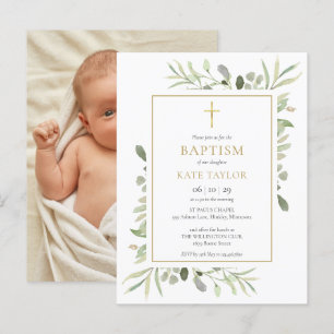 Greenery Baptism Christening Photo Invitation Postcard