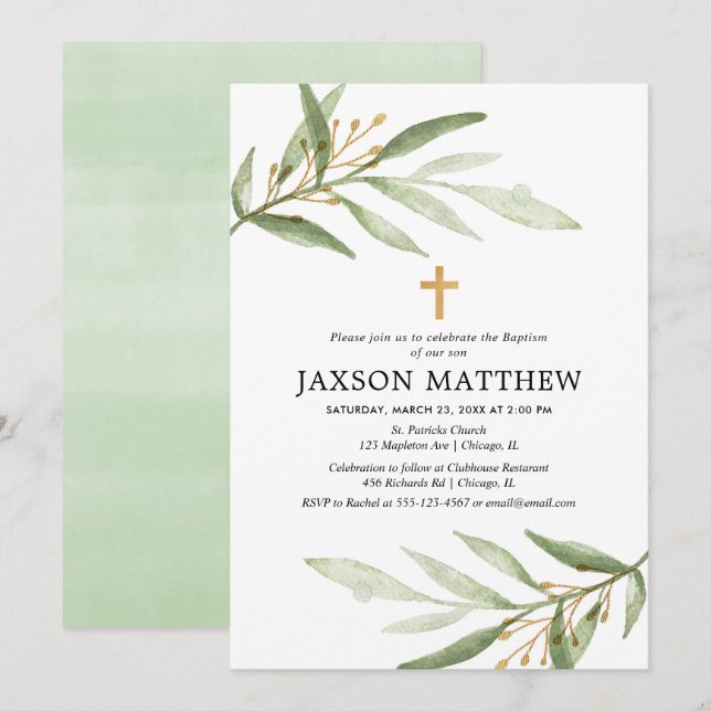 Greenery baptism invitation green gold watercolor (Front/Back)