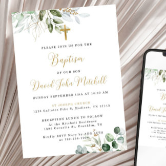 Greenery Baptism Invitation Template, Green & Gold