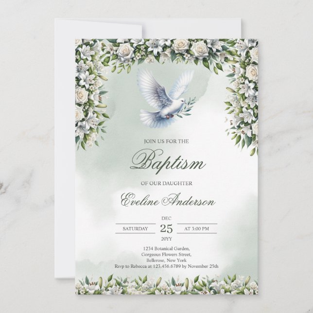 Greenery Baptism invitation with white dove (Front)