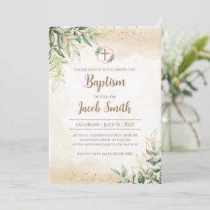 Greenery Baptism invitations for Boy Christening