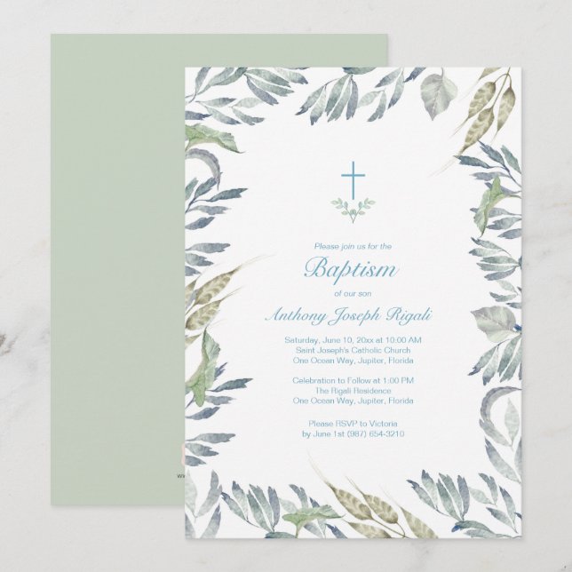 Greenery Baptism Invite, Boy Invitation (Front/Back)