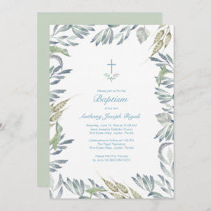Greenery Baptism Invite, Boy Invitation