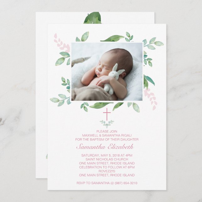 Greenery Baptism Invite Girl Photo (Front/Back)