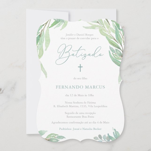 Greenery Baptism Party For Boy in Portuguese Invitation (Front)
