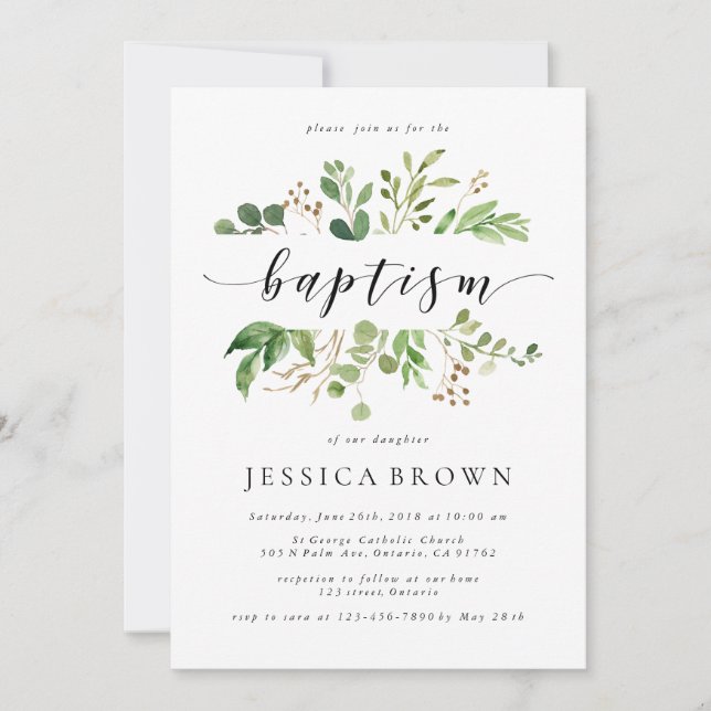 Greenery Baptism watercolor Baptism Invitation (Front)