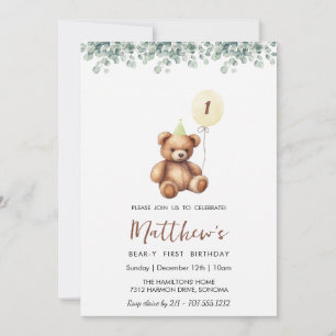 Greenery Bear ANY AGE birthday Invitation