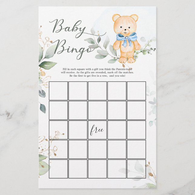 Greenery Bear Baby Shower Bingo Game Paper  Sheet (Front)