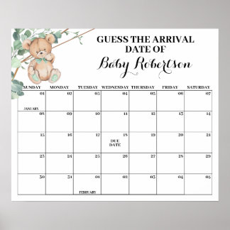 Greenery Bear Baby Shower Guess Due Date Poster