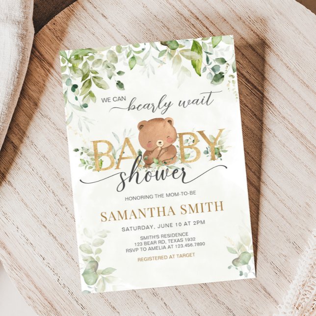 Greenery Bear Baby Shower Invitation (Bearly Wait Baby Shower Invitation)