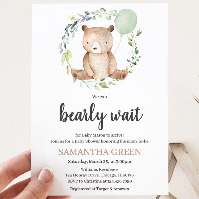 Greenery Bear Baby Shower Invitation (Creator Uploaded)