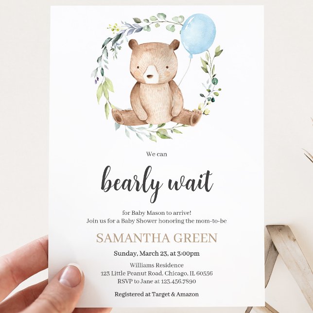 Greenery Bear Baby Shower Invitation (Creator Uploaded)