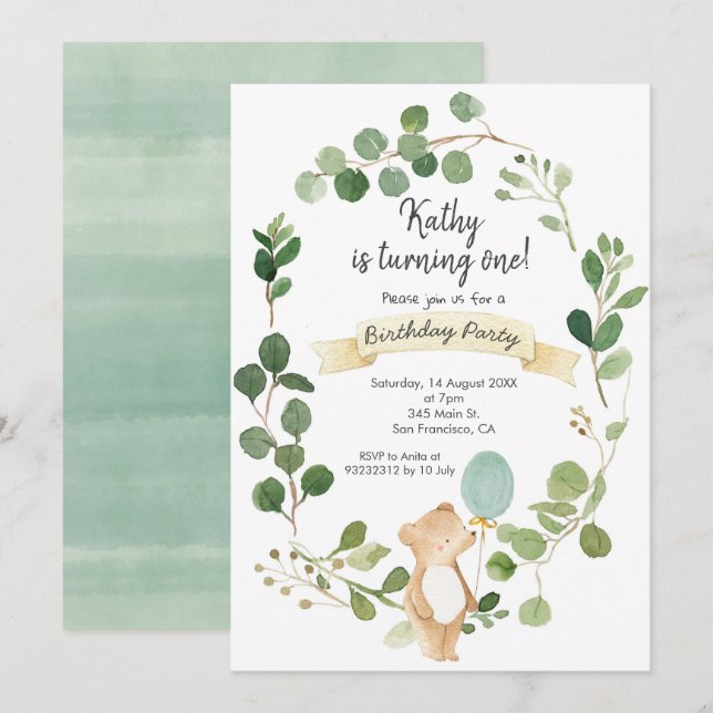 Greenery Bear Birthday Invitation (Front/Back)