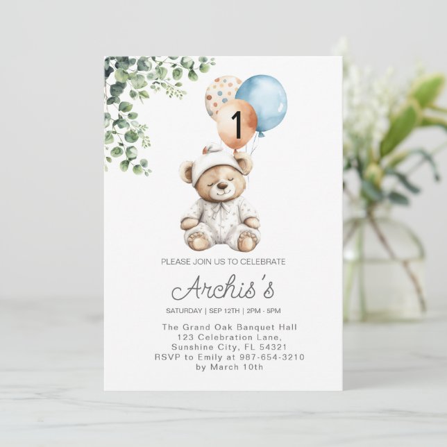 Greenery Bear Birthday Invitation, first Teddy  Invitation (Standing Front)