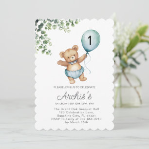 Greenery Bear Birthday Invitation, first Teddy  Invitation