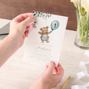 Greenery Bear Birthday Invitation, first Teddy  Vellum Invitations