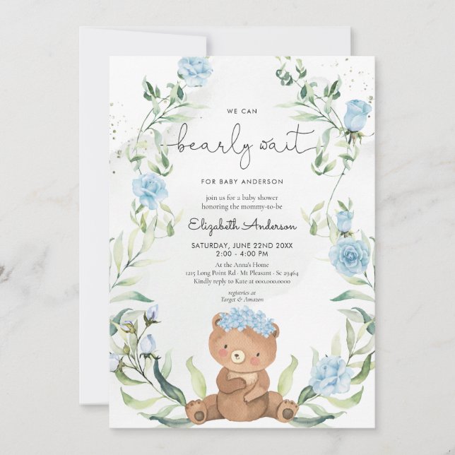 Greenery Bear Blue Floral Boy Baby Shower Invitation (Front)