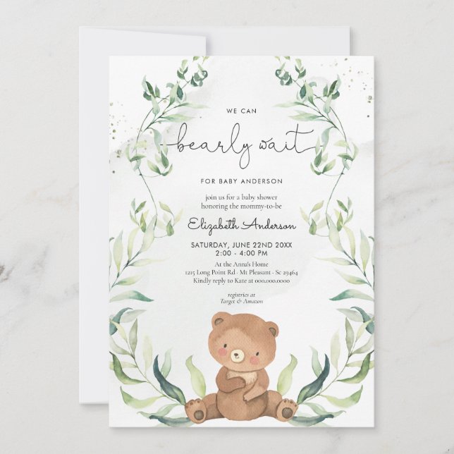 Greenery Bear Gender Neutral Elegant Baby Shower Invitation (Front)
