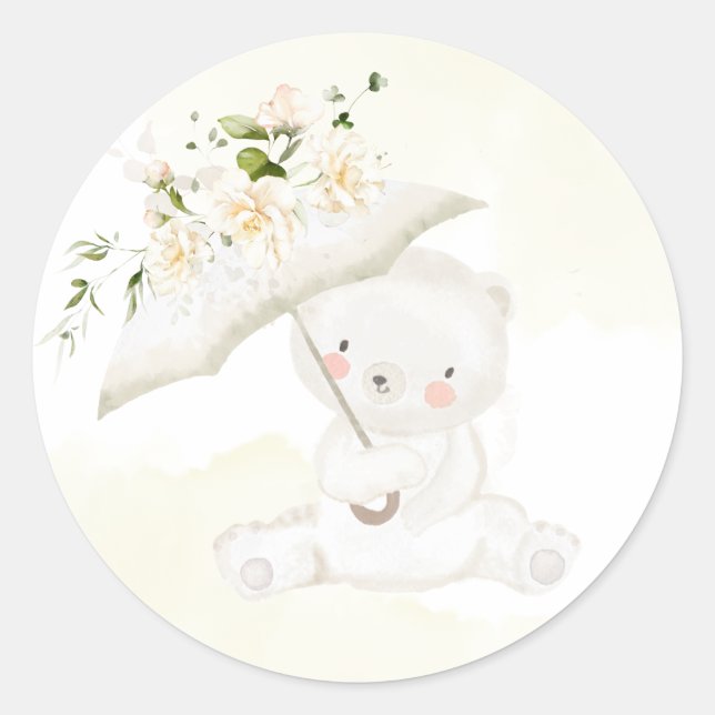 Greenery Bear Gender Neutral Floral Baby Shower Cl Classic Round Sticker (Front)