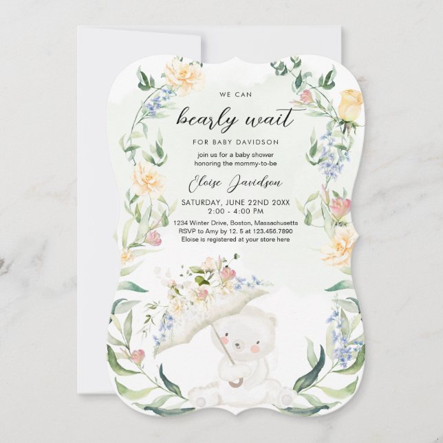 Greenery Bear Gender Neutral Floral Baby Shower In Invitation (Front)
